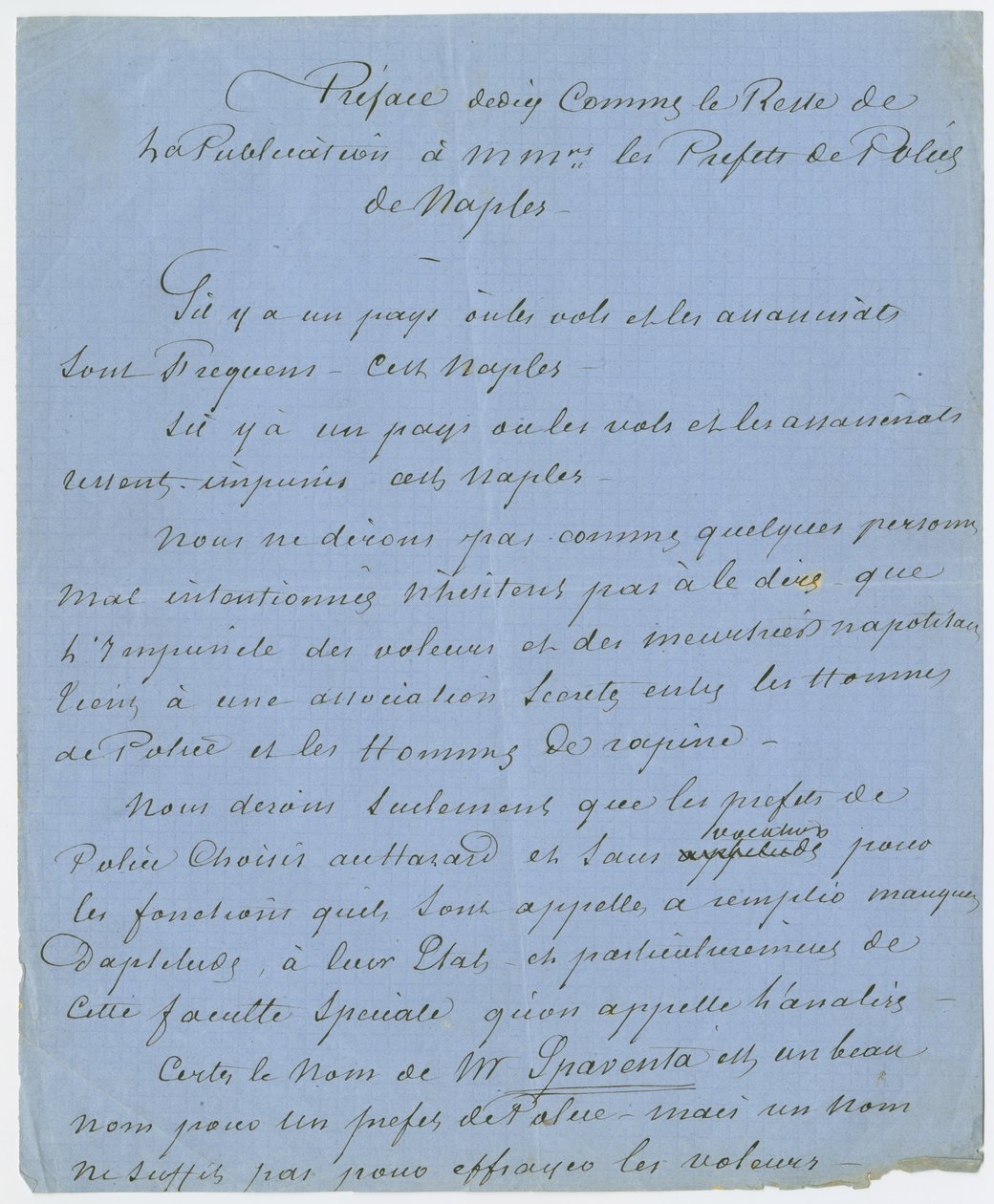 Az előszó töredéke, mint a kiadvány többi része, Mrs. a nápolyi rendőrprefektusok, amely leírja, hogy Dumas 1832-ben Párizsban találkozott Poe-val (tintával papíron) alkotó: Unbekannt