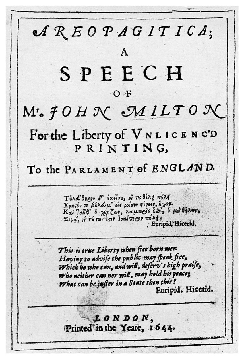 Sajtószabadság: címoldal John Milton Areopagiticájából, 1644 1956 alkotó: Unbekannt