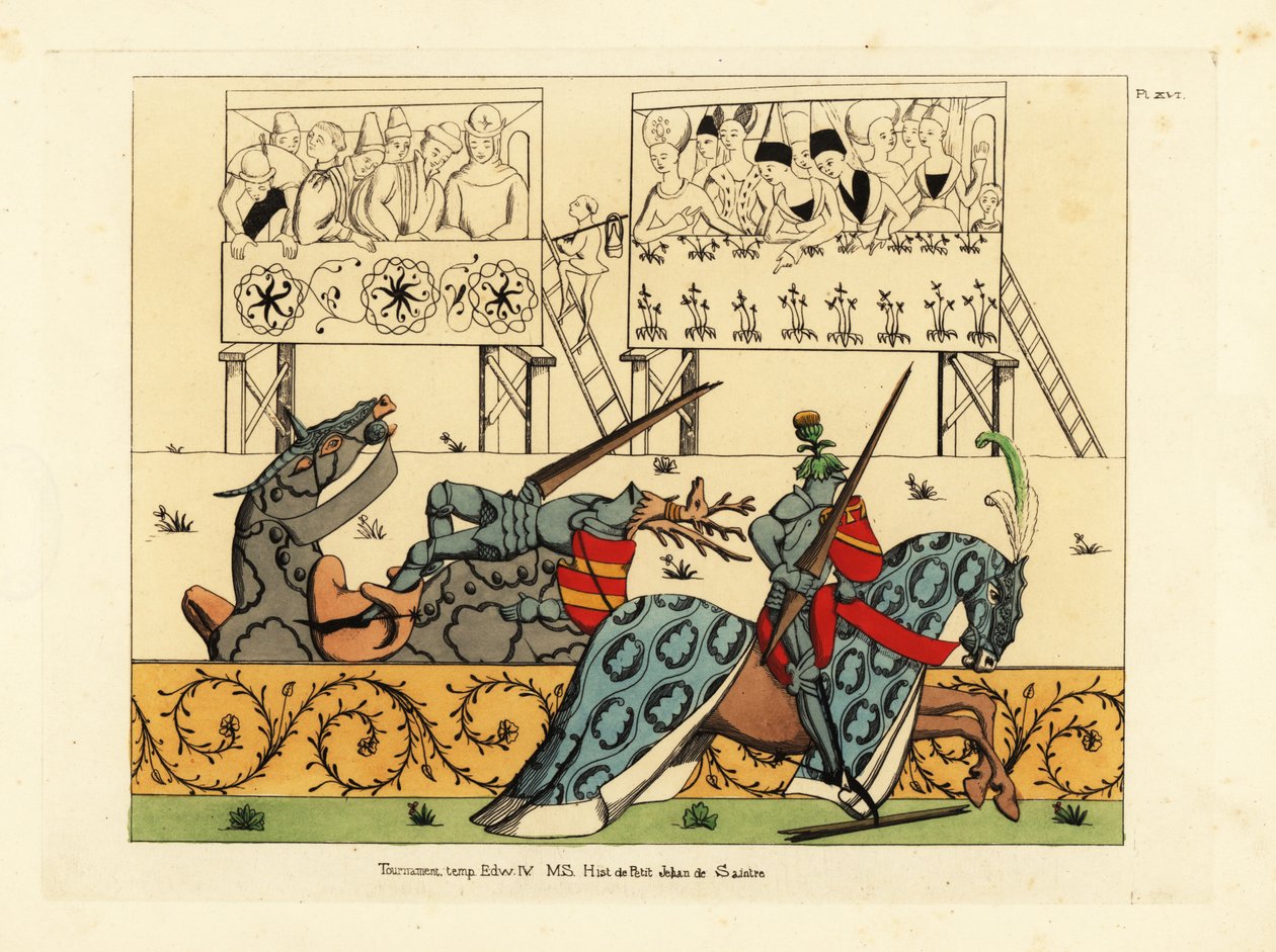 Jean de Saintre francia lovag kormányos bogáncscímerrel legyőzi Enguerrant spanyol lovagot kormányos szarvasbogár címerrel egy tornán a Histoire de Petit Jehan de Saintre kéziratból, 15. század vége. alkotó: Unbekannt