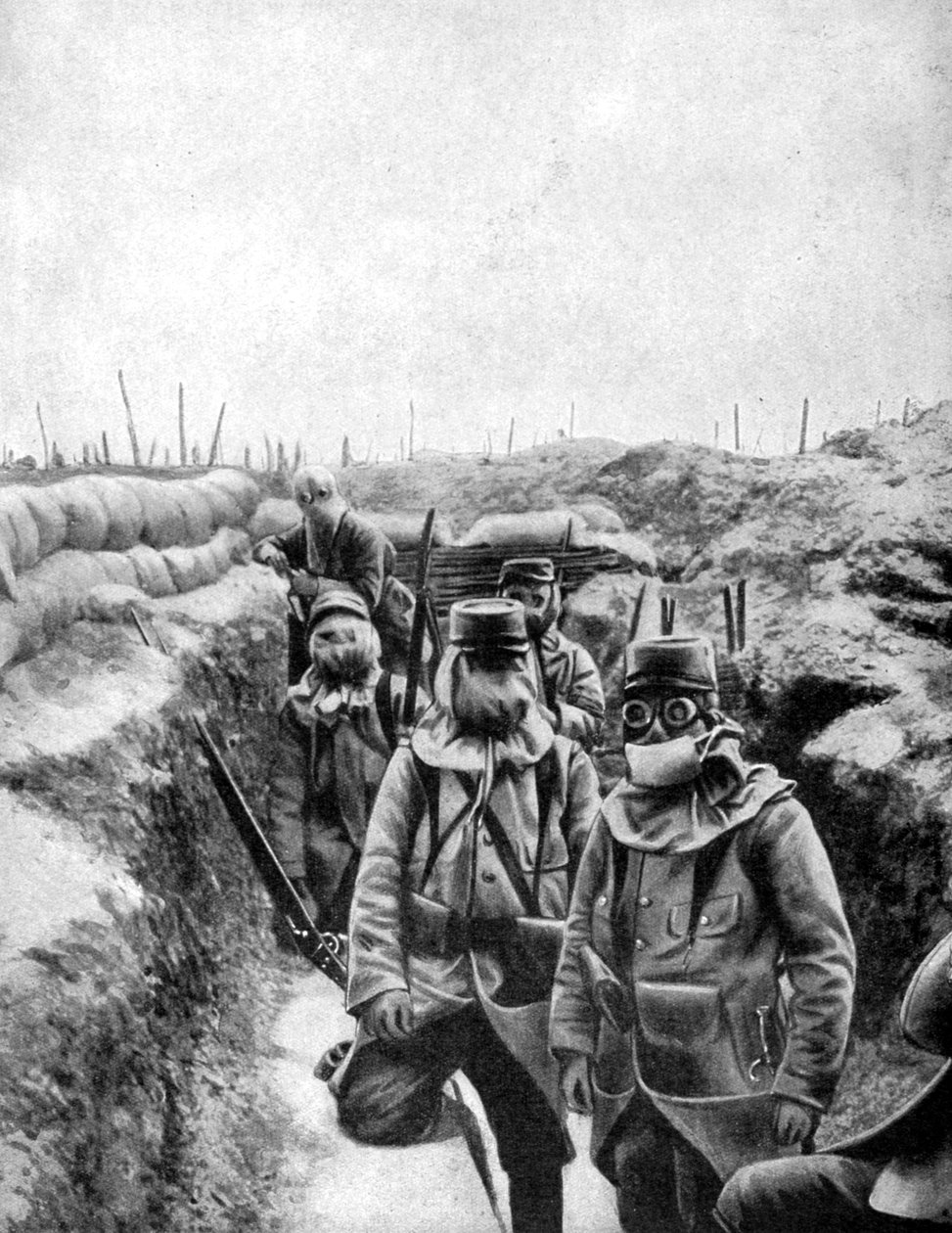 Francia katonák rögtönzött gázálarcban, 1915 alkotó: Unbekannt