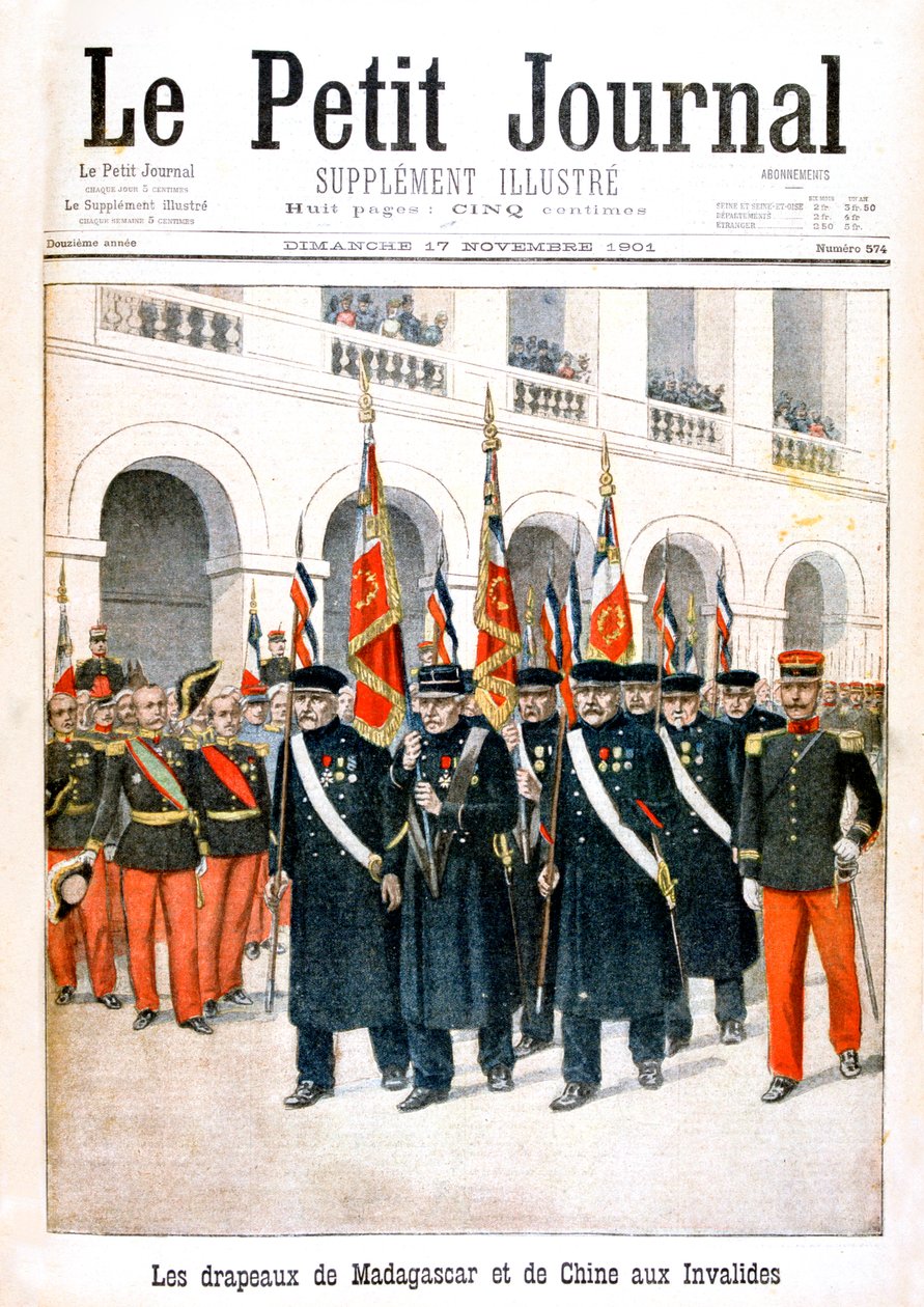 Francia háborús veteránok a madagaszkári és kínai hadjáratok zászlóit viselő, 1901-ben alkotó: Unbekannt