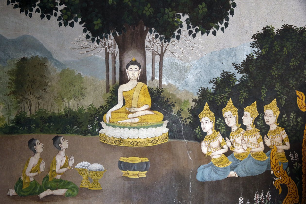 Buddha életének egy jelenetét ábrázoló freskó Wat Phra Doi Suthepben, Chiang Mai államban. Buddha alamizsnát kap. Thaiföld alkotó: Unbekannt