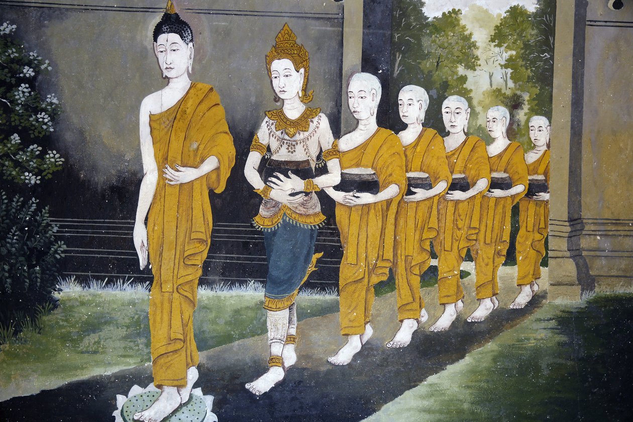Buddha életének egy jelenetét ábrázoló freskó Wat Phra Doi Suthepben, Chiang Mai államban. Buddha és szerzetesek alamizsnán. Thaiföld alkotó: Unbekannt