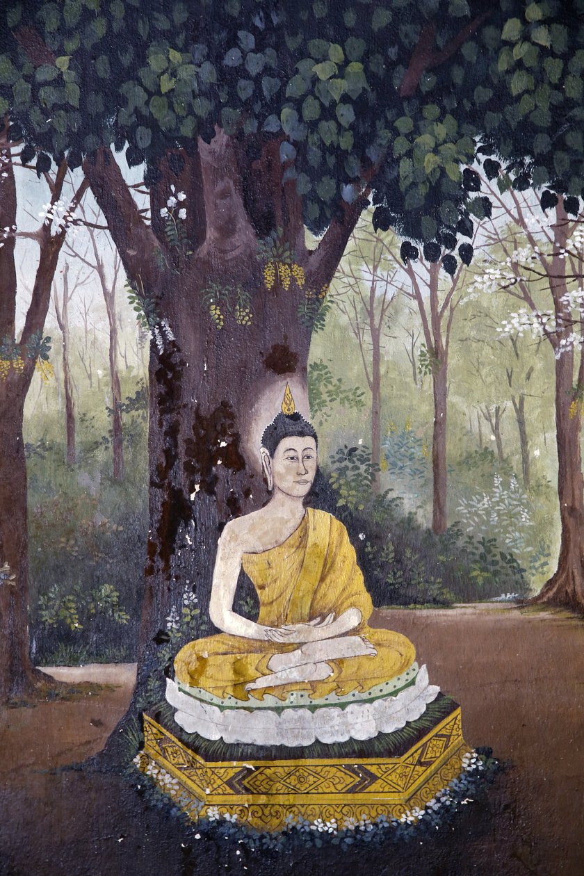 Buddha életének egy jelenetét ábrázoló freskó Wat Phra Doi Suthepben, Chiang Mai államban. Buddha egy fa alatt meditál. Thaiföld alkotó: Unbekannt