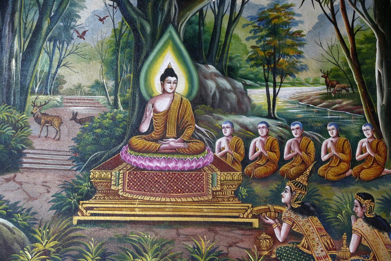 Buddhát ábrázoló freskó követőivel a Chiang Mai-i Wat Chiang Munban. Thaiföld alkotó: Unbekannt