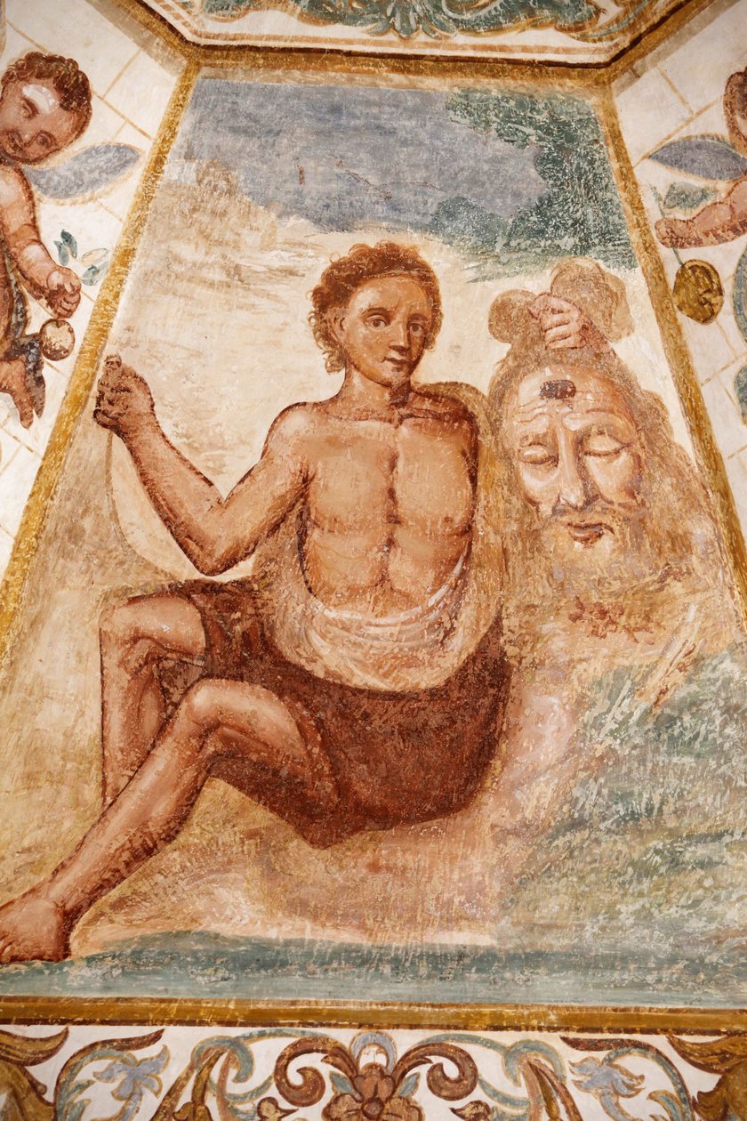 Freskó a domonkos templomban, Muro Leccese, Puglia: Keresztelő Szent János fejét tartó férfi, Muro Leccese, Olaszország alkotó: Unbekannt