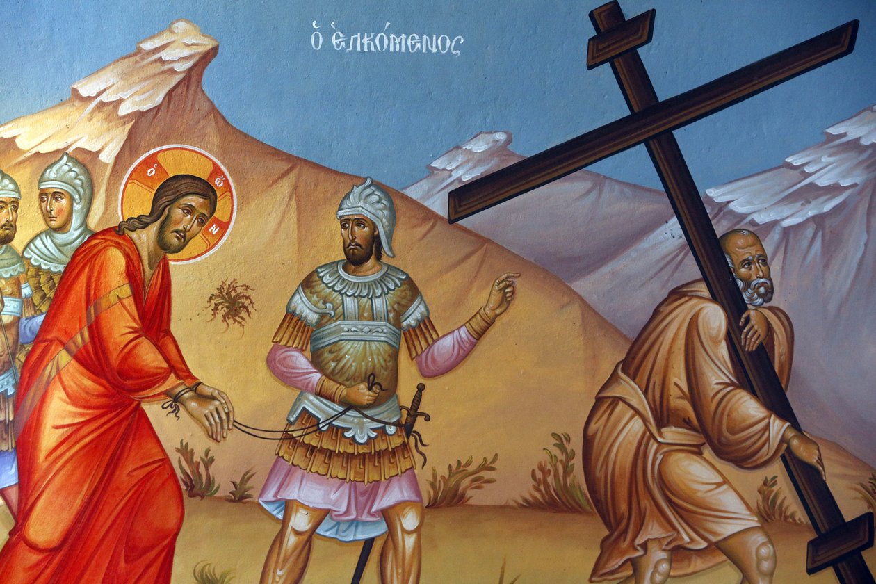 Freskó a Szent Kereszt templomban, Pedoulas. Krisztus szenvedése, 20150510, Pedoulas, Ciprus alkotó: Unbekannt