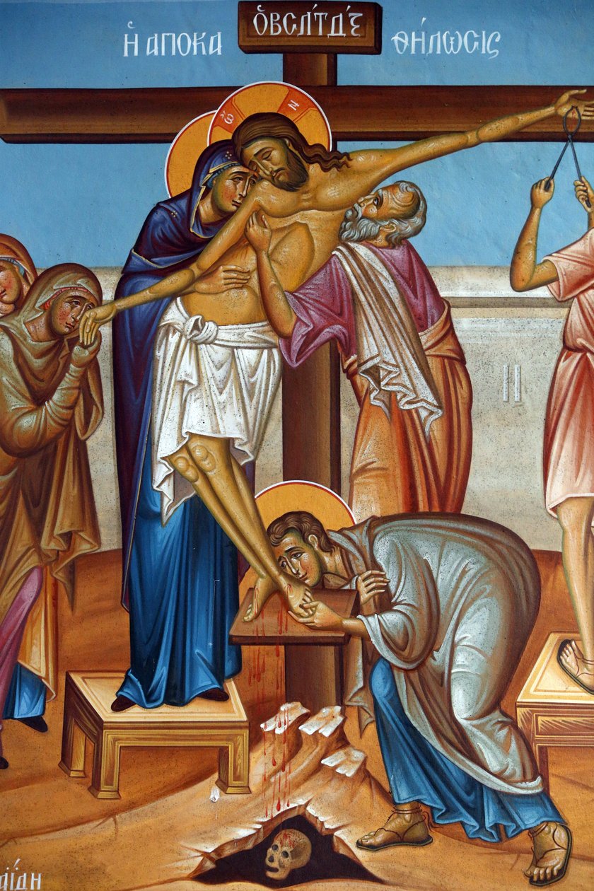 Freskó a Szent Kereszt templomban, Pedoulas. Siralom Jézus Krisztus körül a kereszten, 20150510, Pedoulas, Ciprus alkotó: Unbekannt