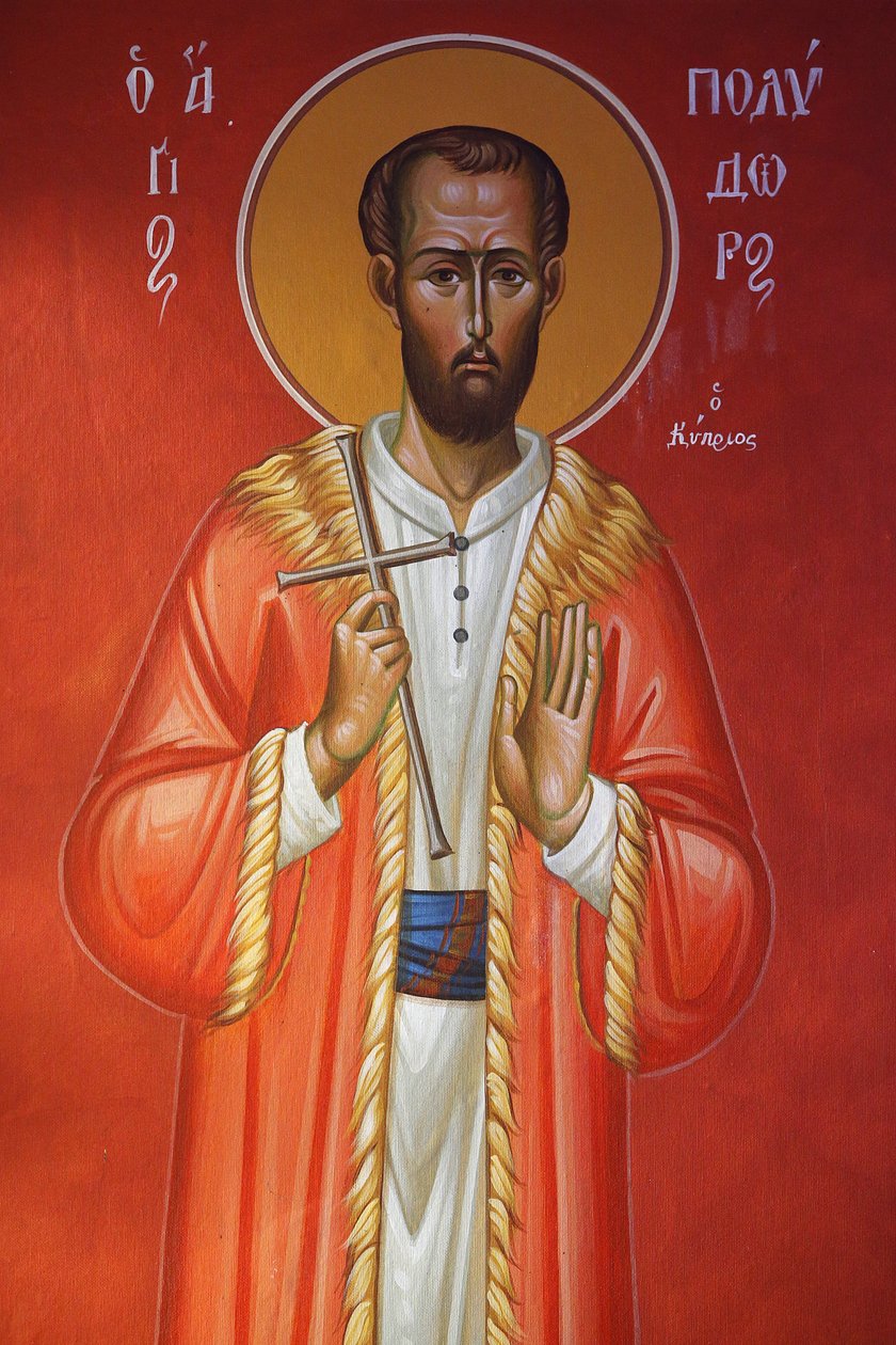 Freskó a Szent Kereszt templomban, Pedoulas. Saint Polydor Ciprusról, 20150510, Pedoulas, Ciprus alkotó: Unbekannt