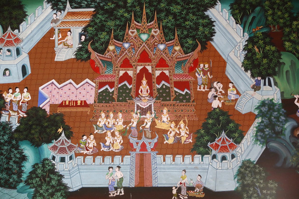 Freskó Butt Epharamban, Hua Hinben, Thaiföldön. Temia Jatka, más néven Muga-Paksha Jatka, T Buddha egyik fóruma. alkotó: Unbekannt