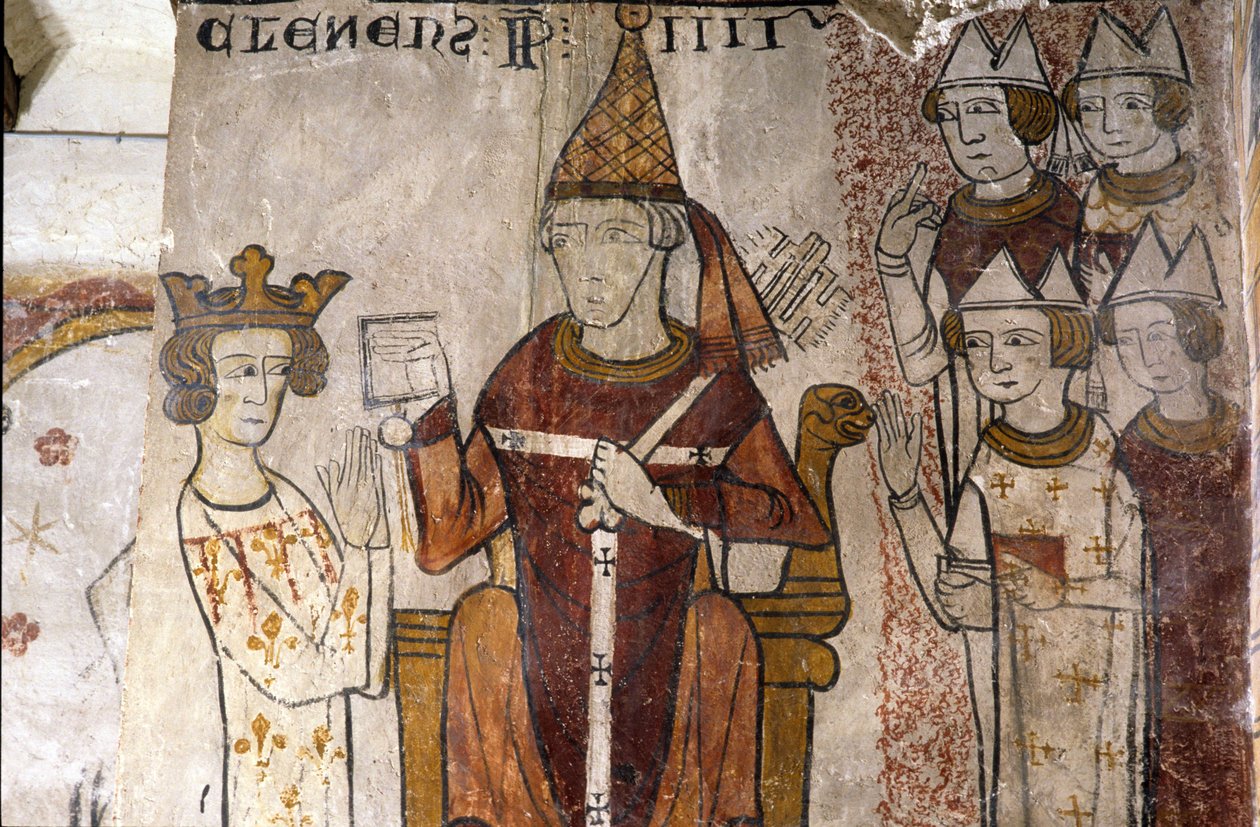 A pernes-les-fontaines-i Ferrande-torony freskója (Pernes les Fontaines, Vaucluse (84)) a 13. századból: Anjou I. Károlyt (1226-1285) pápa 1265. június 28-án a Szicíliai Királyságba fektette IV. Kelemen (1195-1268. v.). alkotó: Unbekannt