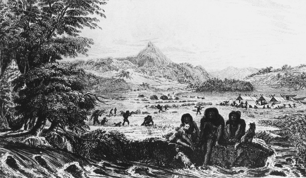 Fuegians Woollyában, a háttérben a Fitzroy expedíciós táborral, 1831 1839 alkotó: Unbekannt