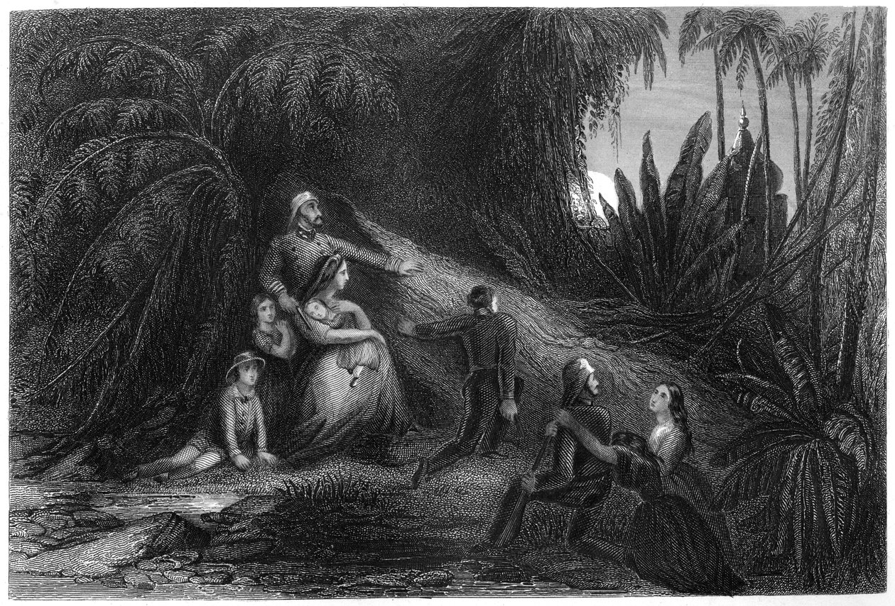 Menekülő tisztek, családjaikkal a dzsungelben elrejtőzve, 1857, 1860 c. alkotó: Unbekannt