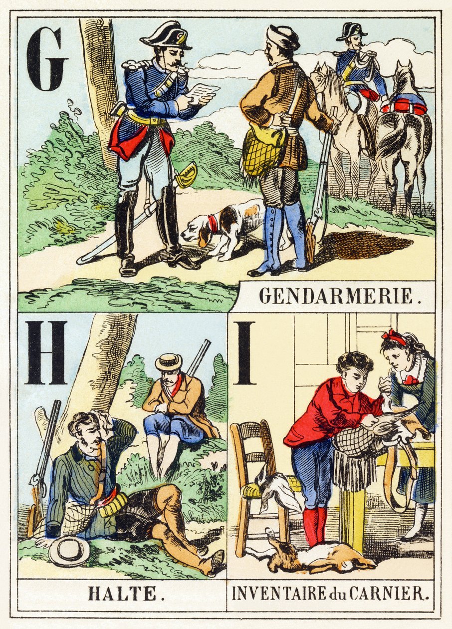 G H I: Csendőrség, Halte, Inventaire du gamenier – A vadászábécé, 1890 körül (metszet) alkotó: Unbekannt