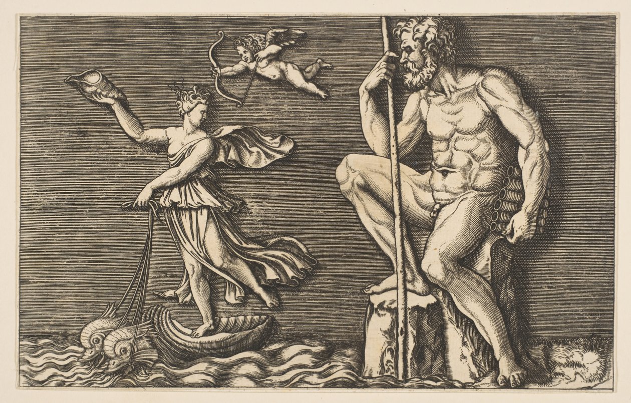 Galatea Polyphemust megszökve egy sziklán ül, kezében egy bottal és csövekkel, és..., kb. 1515-1600. alkotó: Unbekannt