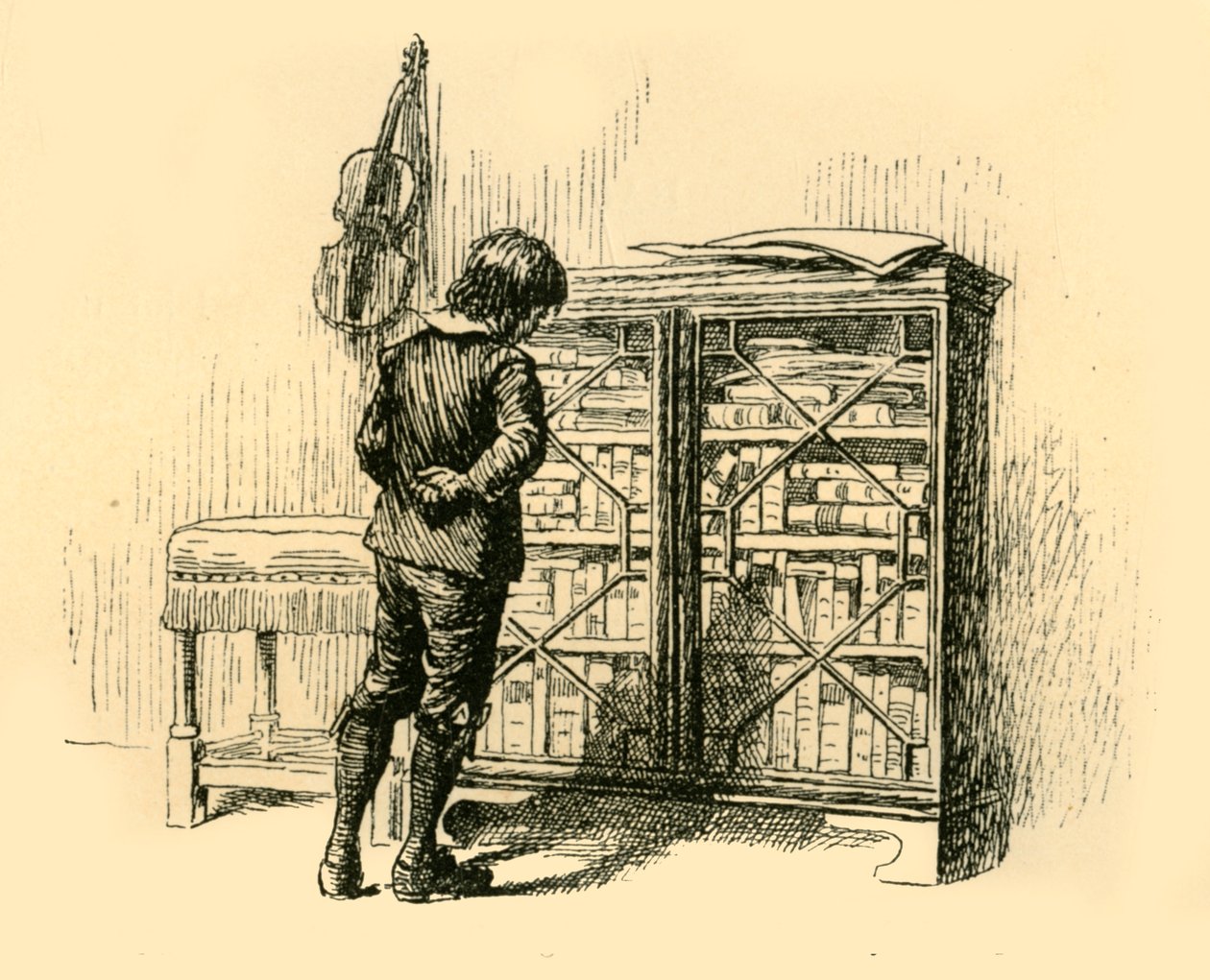 A szekrény rácsos ajtaján keresztül nézegeti a fedelét, 1907. alkotó: Unbekannt