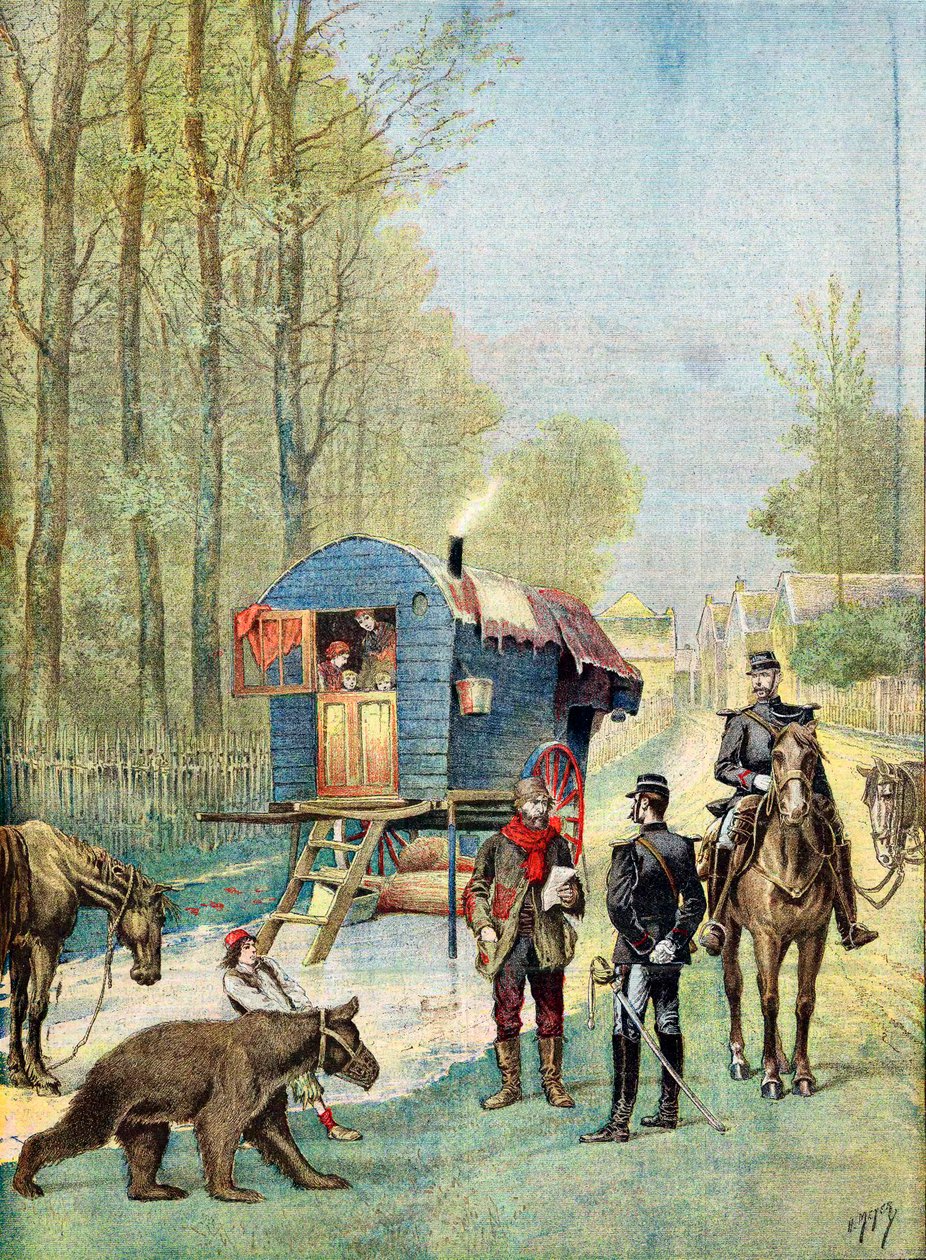 Csendőrök népszámlálási íveket vesznek fel a lakókocsijukban vándorcigányok táborába, 1895 alkotó: Unbekannt