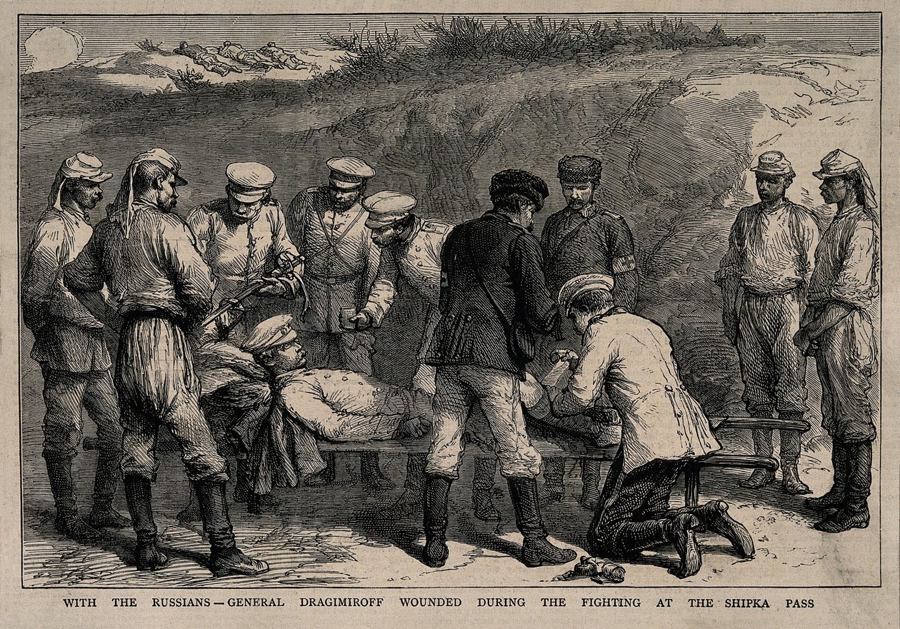 Mihail Dragomirov tábornok megsebesült a Shipka-hágónál vívott csata során, 1878 körül alkotó: Unbekannt