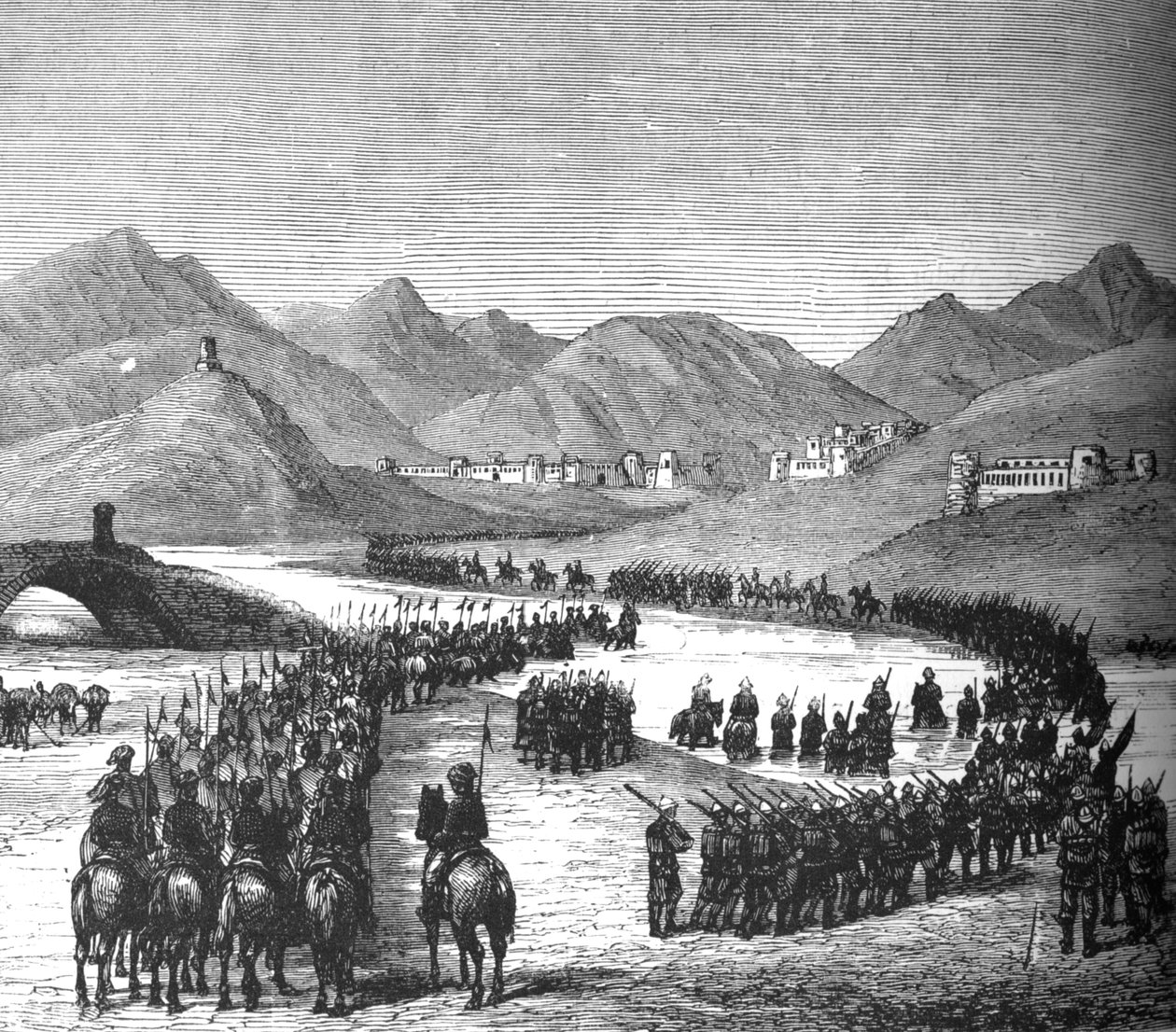 Rosss tábornok hadosztály átkel a Logar folyón, hogy találkozzon Sir Donald Stewarttal, c1880 alkotó: Unbekannt