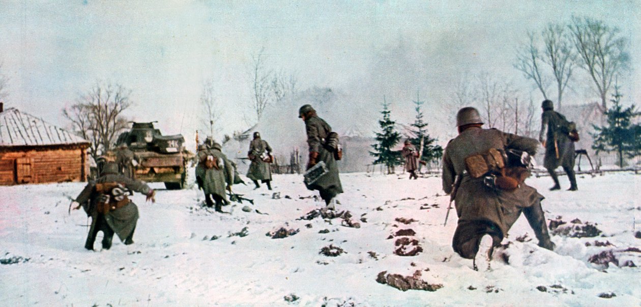 Német gyalogosok egy tank után Moszkva felé a hóban, Oroszország, 1941 alkotó: Unbekannt