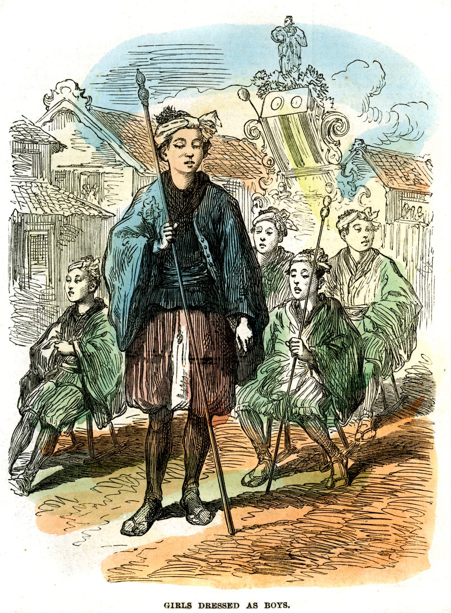 Fiúnak öltözött lányok, újévi felvonulás Jokohamában, Japánban, 1872 alkotó: Unbekannt