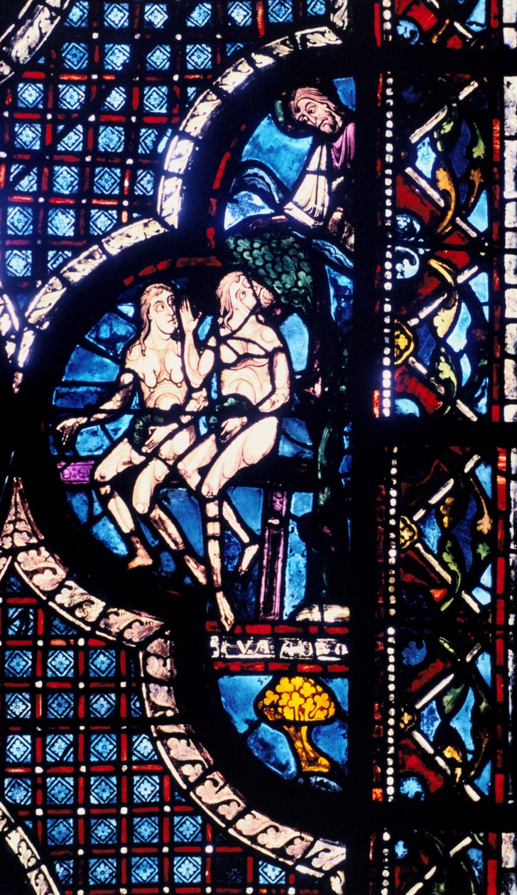 Isten szembeszáll Ádámmal és Évával, ólomüveg, Chartres-i katedrális, Franciaország, 1205-1215 alkotó: Unbekannt