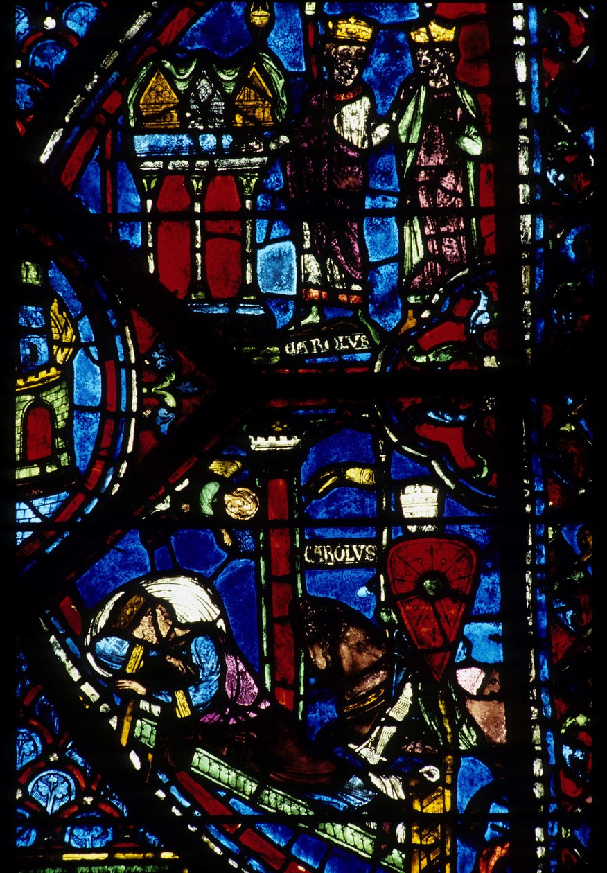 Gótikus építészet. Histoire de Charlemagne (részlet): Charlemagne (742-814) 3 vadászatot kap (magas) és Konstantin látomása (én, bizánci császár). Az északi ambuláns ólomüveg, abszidiális. Chartres-i katedrális. alkotó: Unbekannt