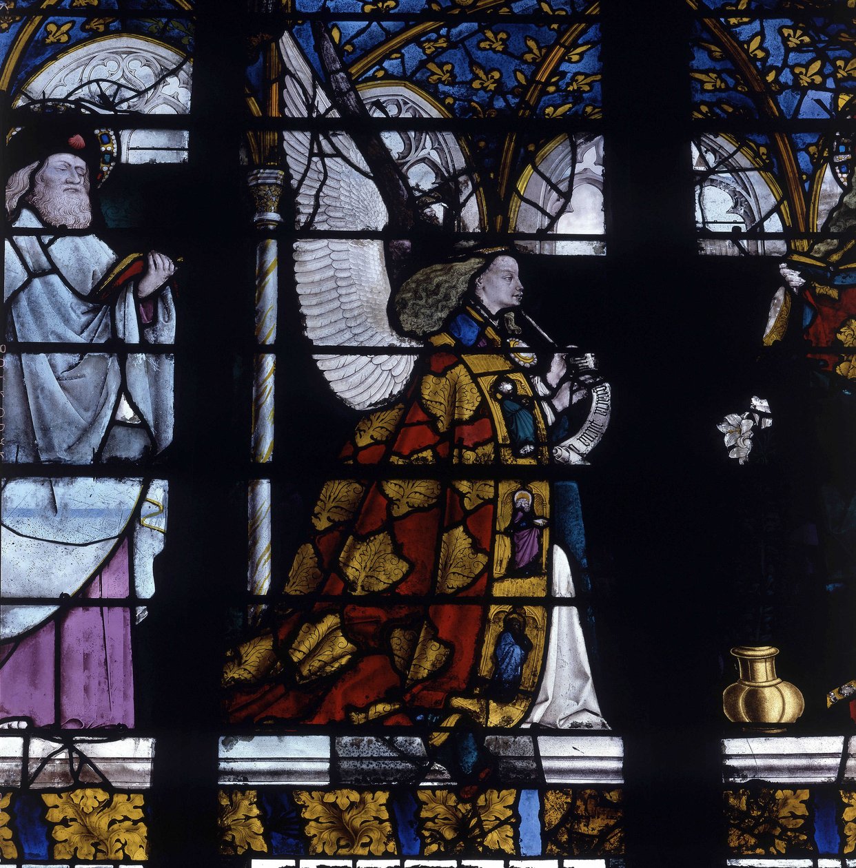 Gótikus építészet. Ólomüveg az Angyali üdvözlet angyaláról, az angyal részlete, 1450 körül, Jacques Coeur mestere (Jacob de Littem). Cathedral de Bourges. alkotó: Unbekannt