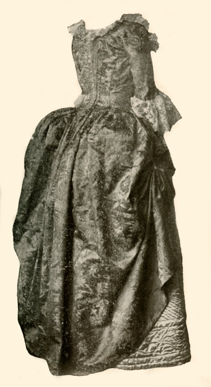 Sárga damasztbrokát ruha, kék steppelt szatén alsószoknya fölött, 1710-1730, 1937. alkotó: Unbekannt