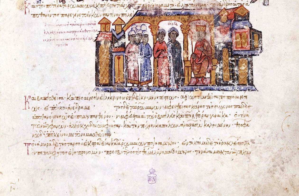 Olga nagyhercegnő meglátogatja VII. Konstantin miniatűrt a madridi Skylitzes-ből, 11-12. század alkotó: Unbekannt