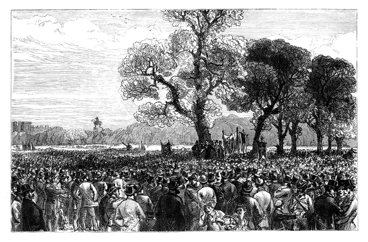 Nagyszerű bemutató a londoni Hyde Park Reformers Tree-jénél, a 19. század közepén alkotó: Unbekannt