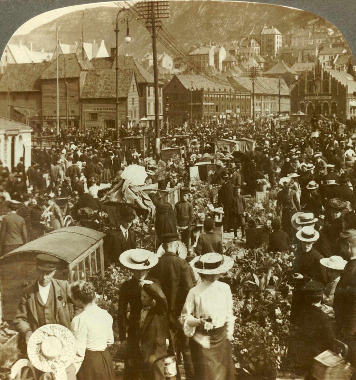 Nagy piactér a nyüzsgő Bergenben, a virágpiac N. a halpiacig, Norvégia, 1905. alkotó: Unbekannt