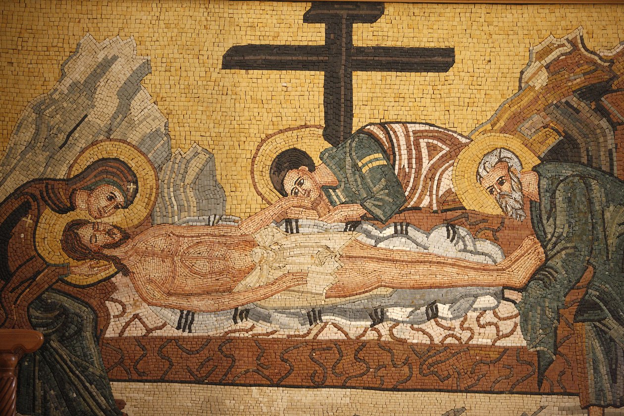 Görög ortodox ikon, amely Krisztus sírját ábrázolja a Szent György ortodox templomban, Madaba , Madaba, Jordanie alkotó: Unbekannt