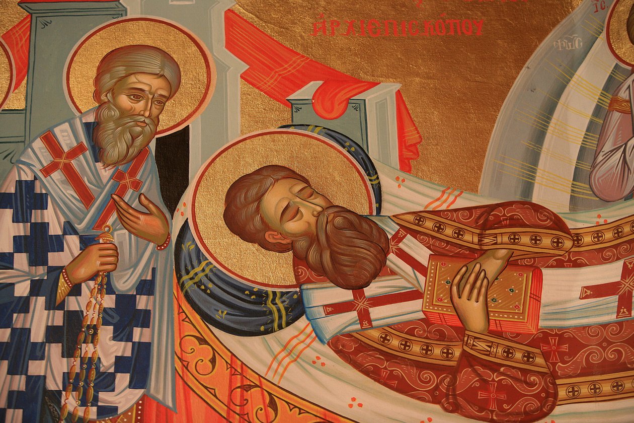 Görög ortodox ikon Palamas Szent Gergely elszenderedését (halálát) ábrázoló Thesszalonique Görögország alkotó: Unbekannt