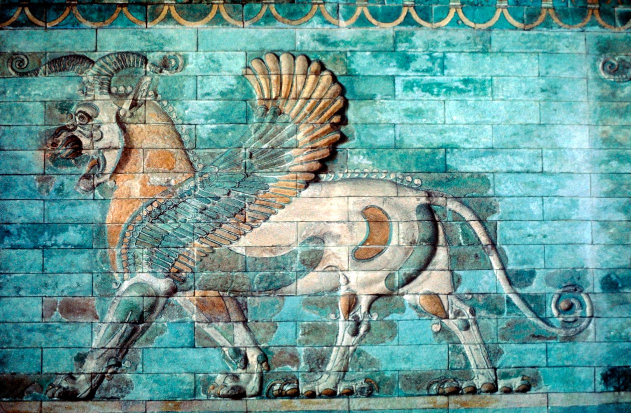 Griff-oroszlán dombormű üvegezett téglafalban, Achaemenid-korszak, Ókori Perzsia, ie 530-330 alkotó: Unbekannt