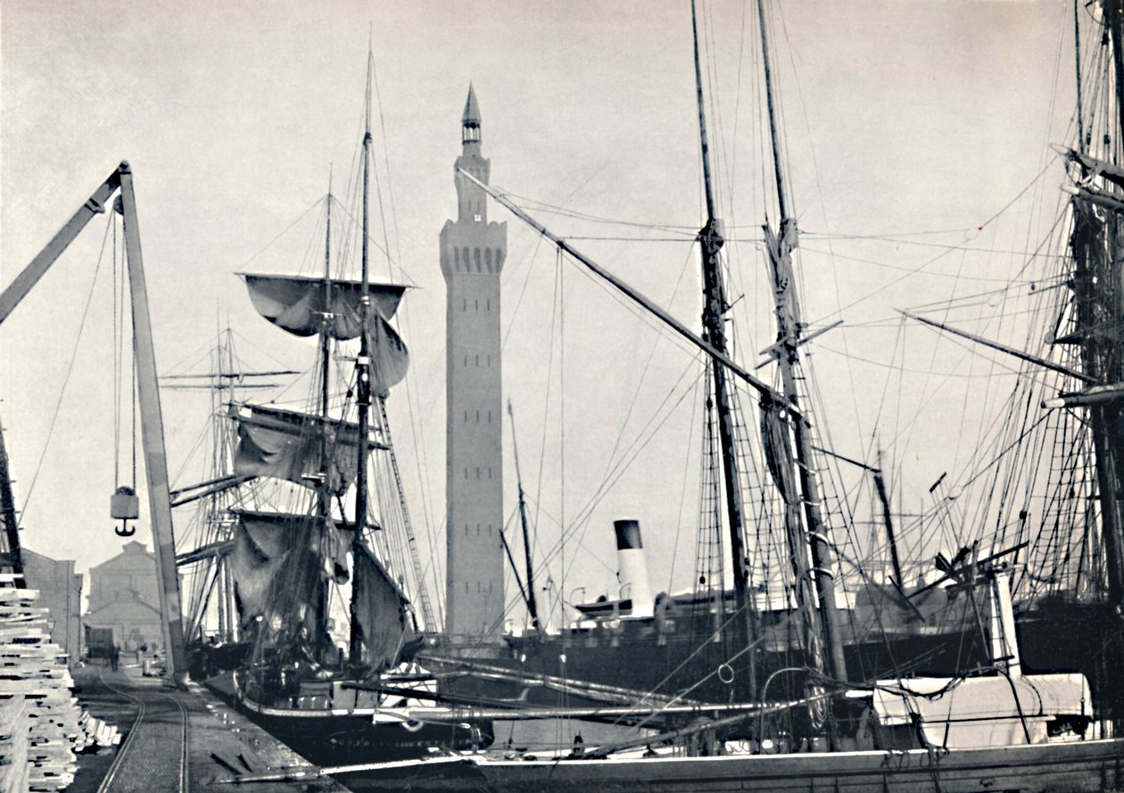 Grimsby – Kilátás a dokkra, a hidraulikus toronnyal, 1895 alkotó: Unbekannt
