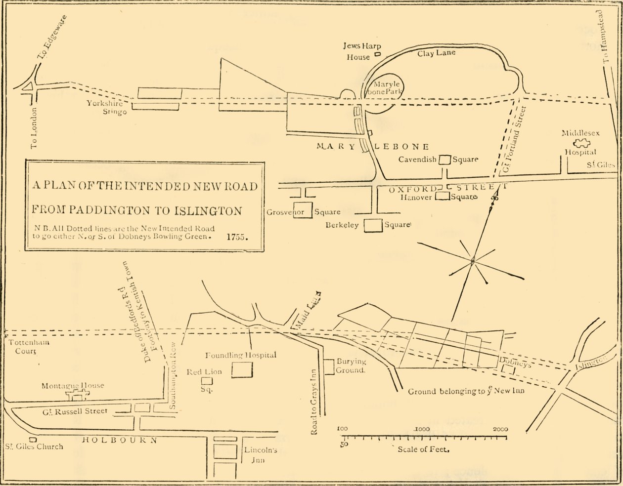 Az Islingtontól az Edgware Roadig tartó New Road alaprajza, 1755, c1876. alkotó: Unbekannt