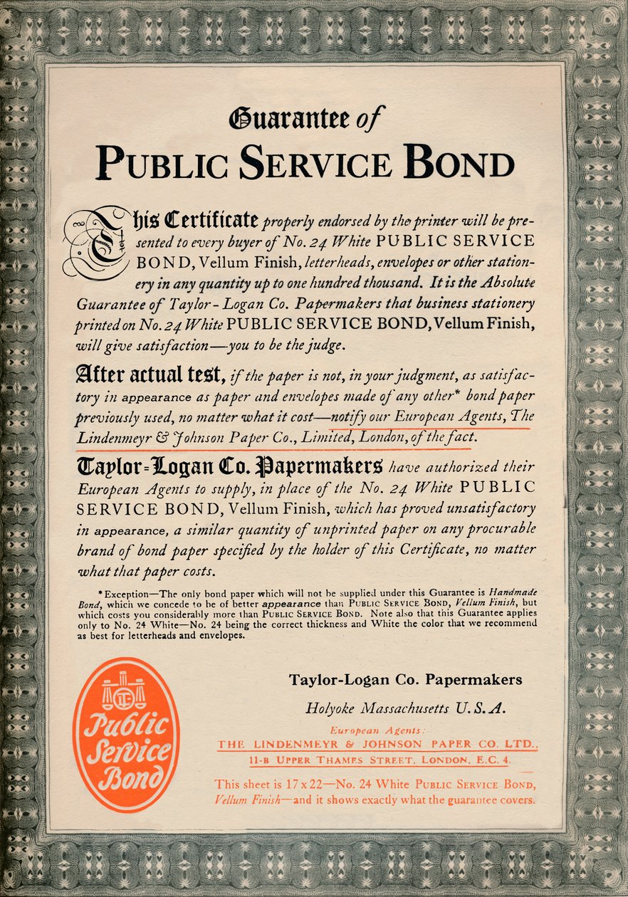 Garancia of Public Service Bond – Taylor-Logan Co. Papermakers hirdetés, 1919 alkotó: Unbekannt