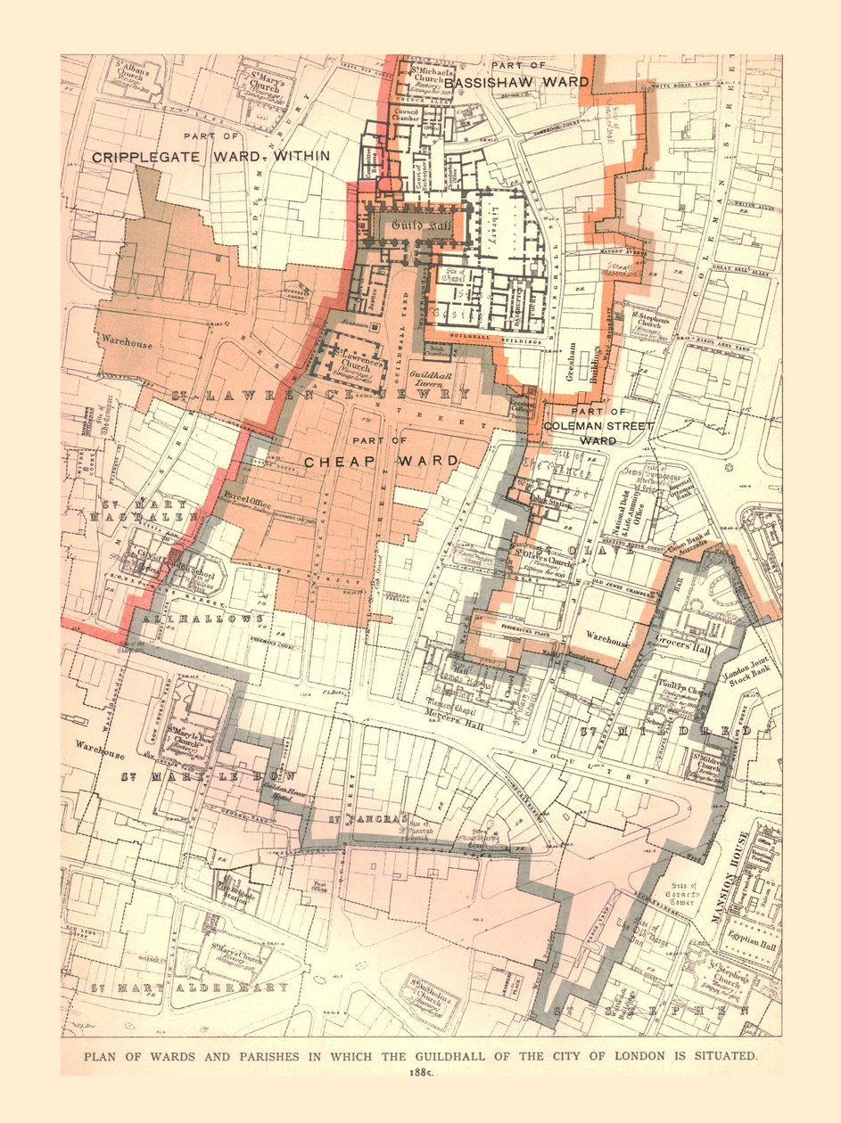 A londoni Guildhall City. Az egyházközségek és egyházközségek terve, 1885, 1886 alkotó: Unbekannt
