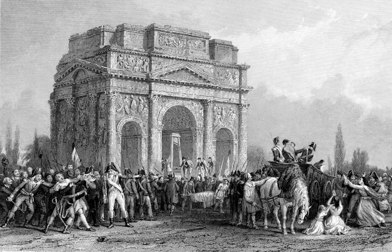 Guillotine felállítása a Marius boltív alatt Orange-ban, Franciaország, francia forradalom, 1793-1794 alkotó: Unbekannt
