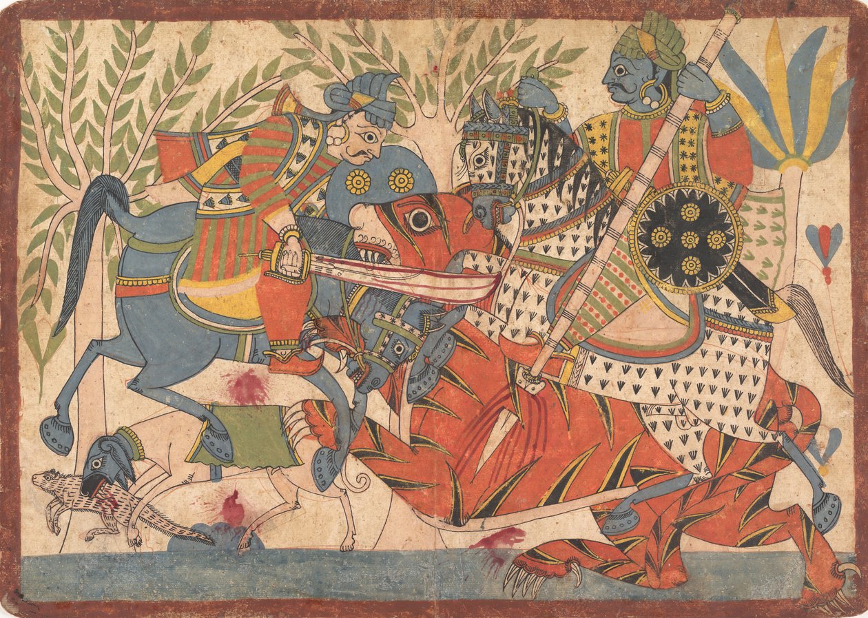 Harishchandra és minisztere egy tigris fólió megölése egy Harishchandra sorozatból, 1800-1850. alkotó: Unbekannt