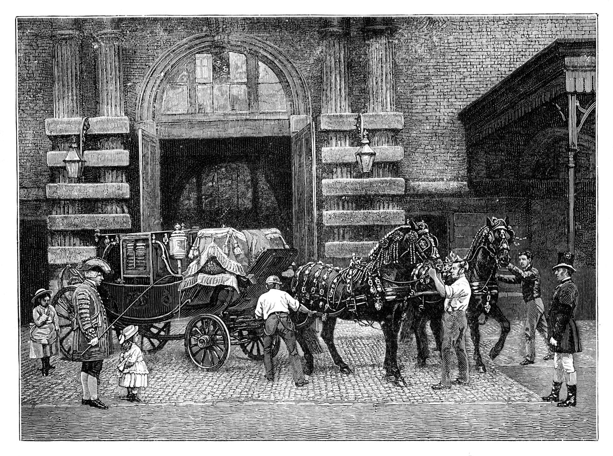 A fekete lovak behajtása a Royal Mews-ben, a Buckingham-palota, London, 1888 alkotó: Unbekannt