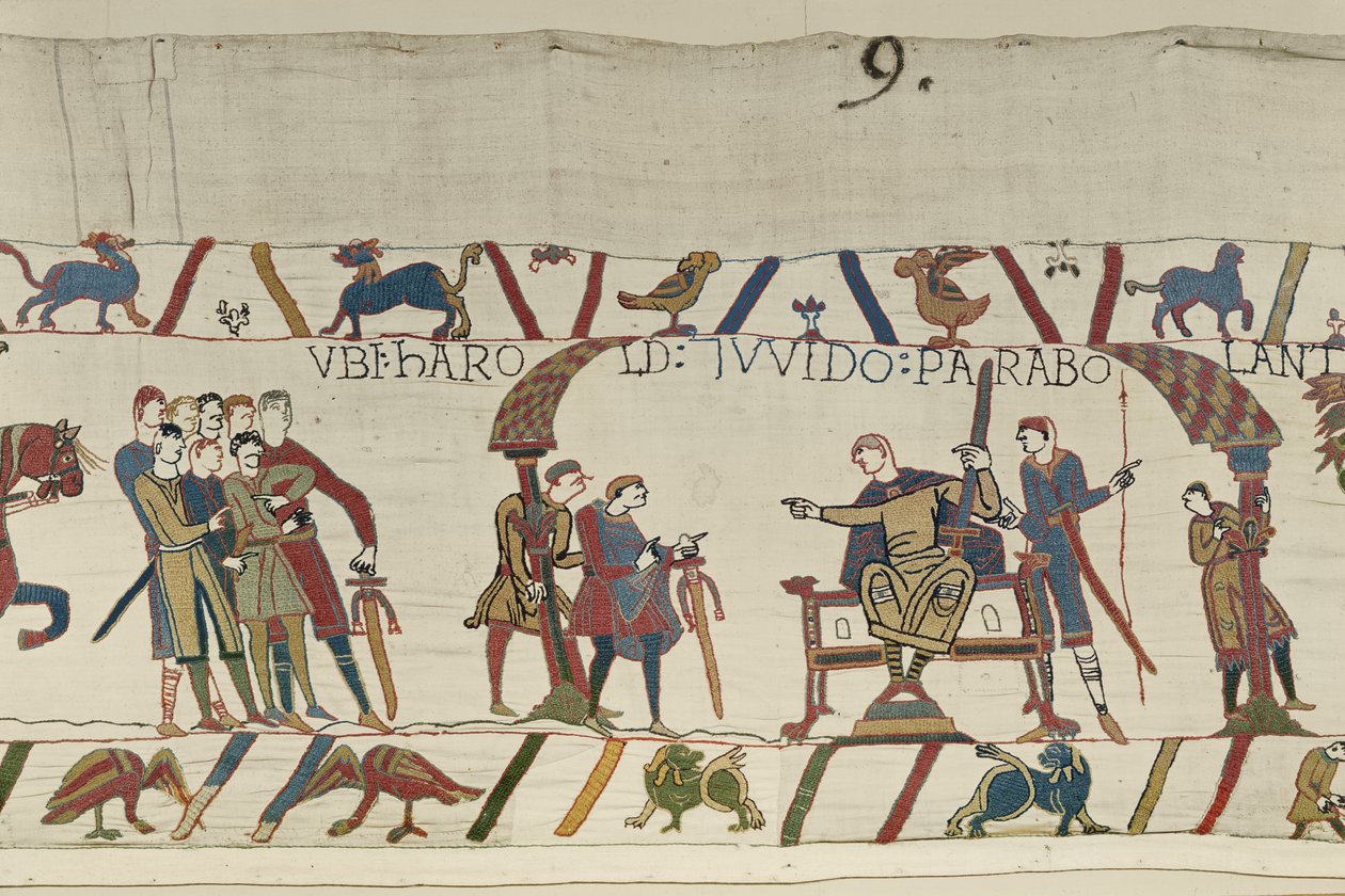 Harold és Ponthieu-i Guy gróf együtt beszélgetnek a Beaurainben, Bayeux Gobelin (gyapjú hímzés vászonra) alkotó: Unbekannt