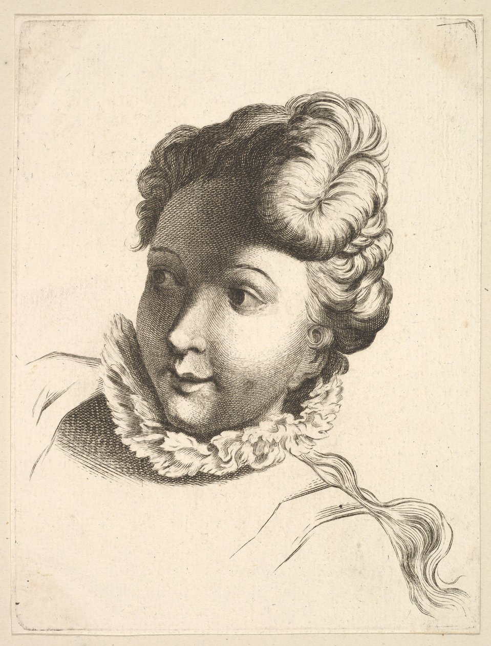 Ruffot viselő nő feje, Livre de Têtes Gravées dapres F. Boucher et ..., 18. század. alkotó: Unbekannt