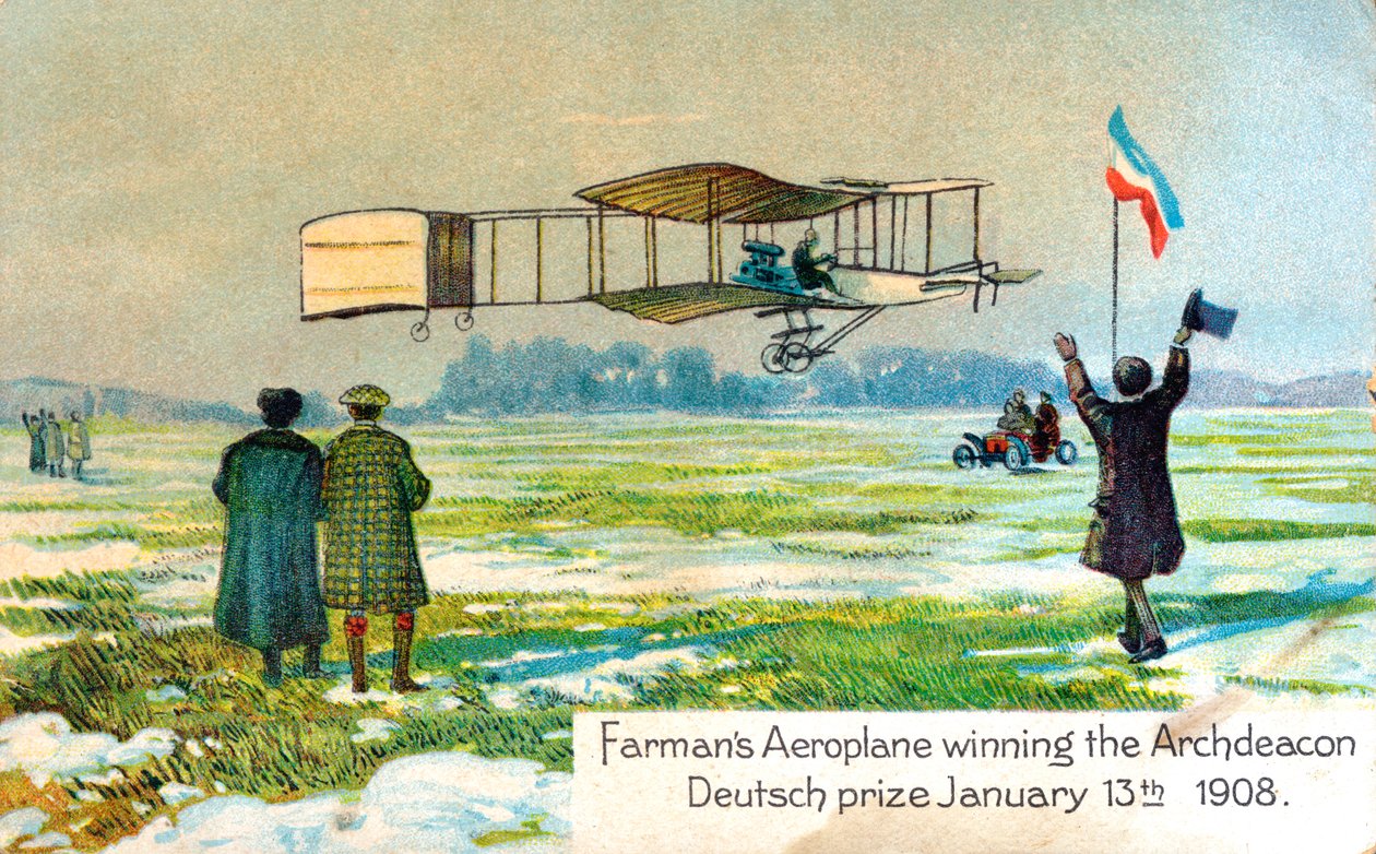 Henri Farman francia repülő, első körkilométeres repülés díja, Párizs, 1908. jan. alkotó: Unbekannt