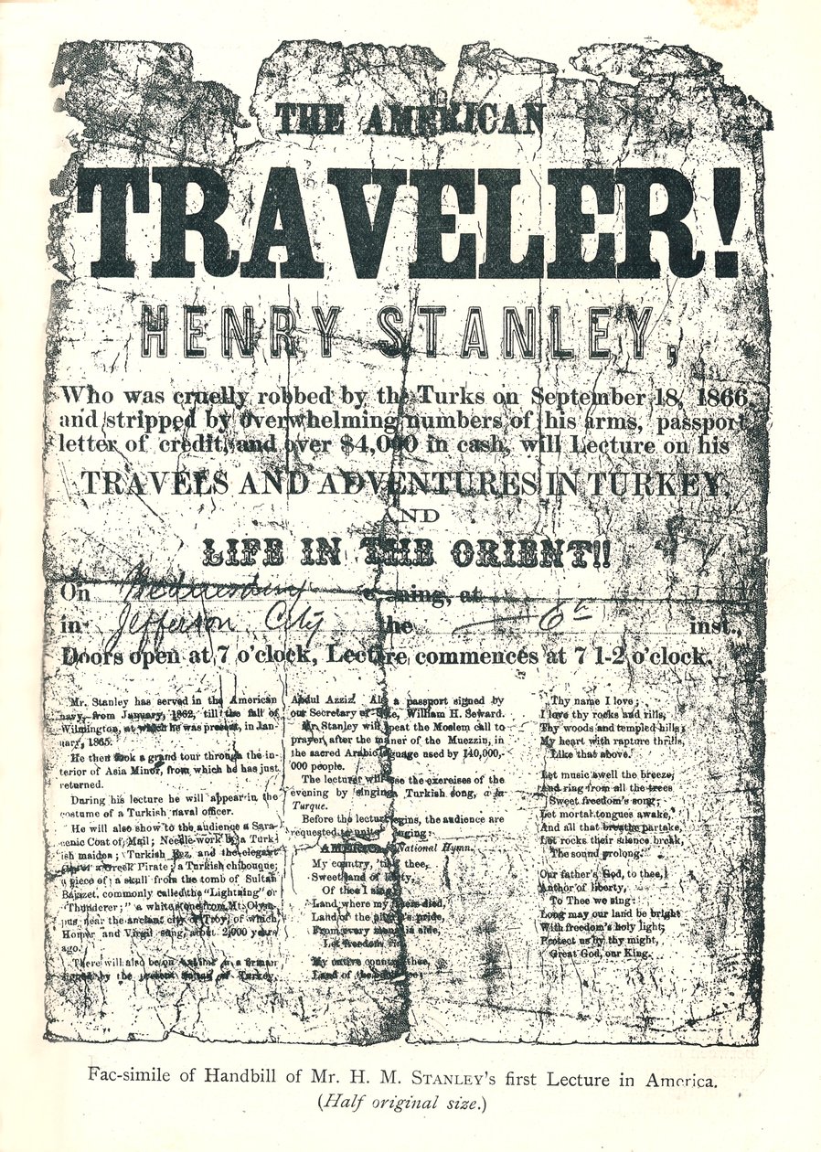 Henry M. Stanley, Handbill a Lecture Tour-ról Amerikában, 31 évesen fedezte fel Dr. Livingstone-t Afrikában alkotó: Unbekannt