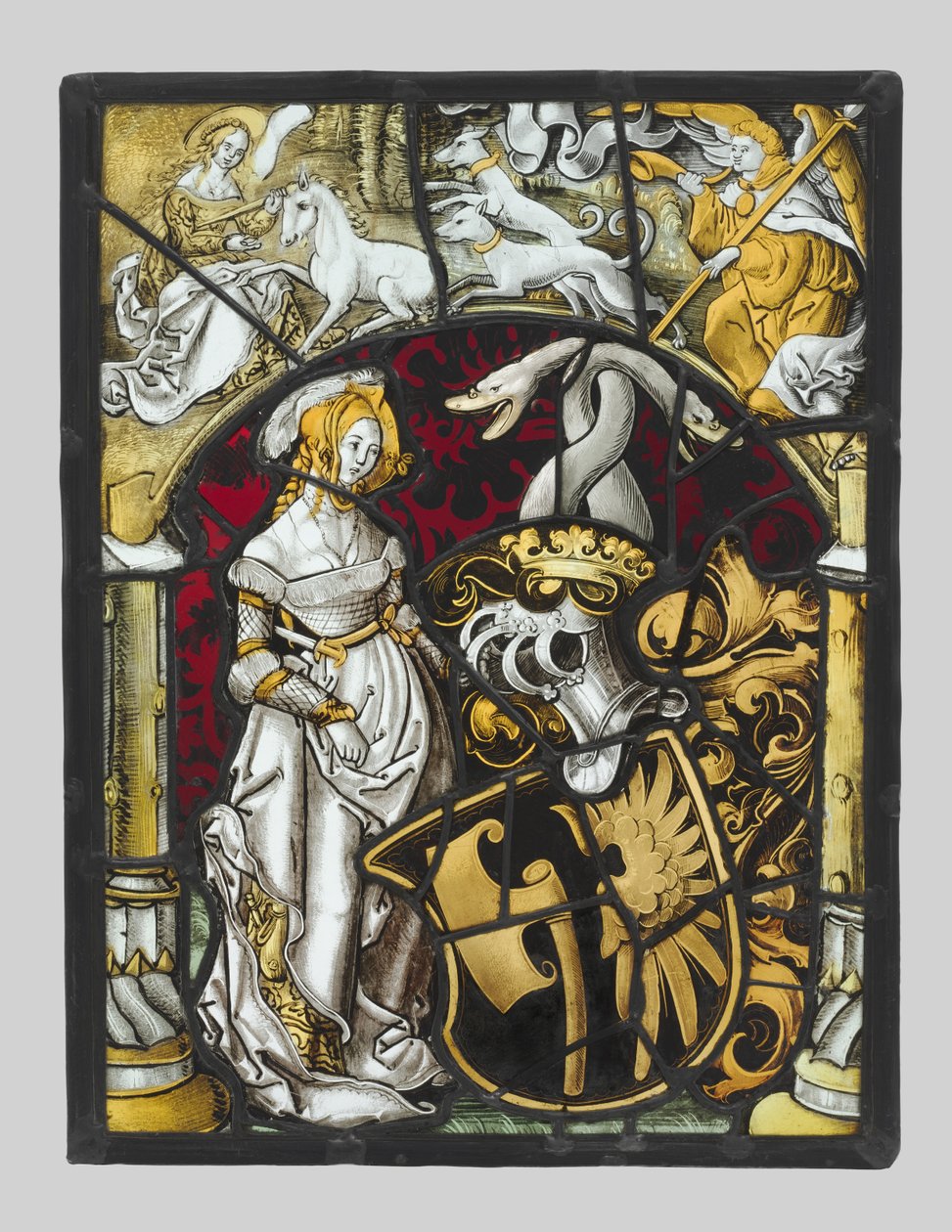 Heraldikai panel Lichtenfels fegyvereivel és egyszarvúvadászattal, c. 1515. alkotó: Unbekannt