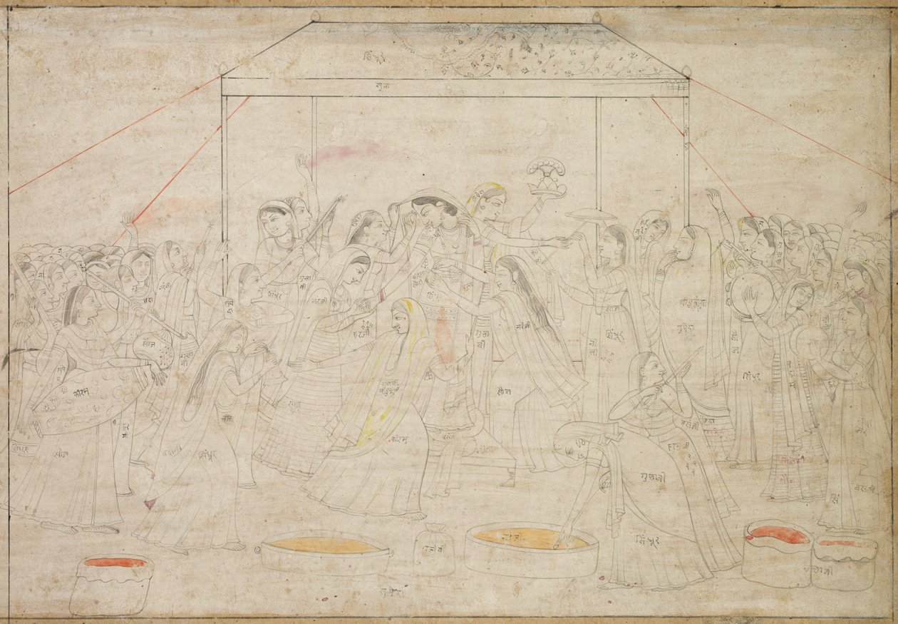 Hindu Isten Krishna női ruhába öltözött a Holi Tavaszi Fesztiválra, c. 1790. alkotó: Unbekannt
