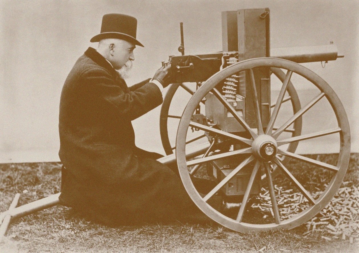 Hiram Maxim 1840-1916 bemutatja az első automata géppuskát, 1884-et. alkotó: Unbekannt