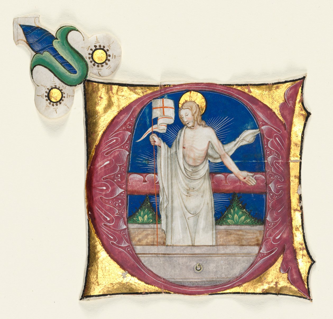 Historiated Initial E Kivágva egy antifóniából: Feltámadt Krisztus a sírban, c. 1420-1450. alkotó: Unbekannt
